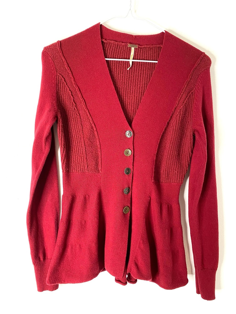 Free People Red Wool Blend Peplum Cardigan Sweater Mixed Button Ribbed Knit
